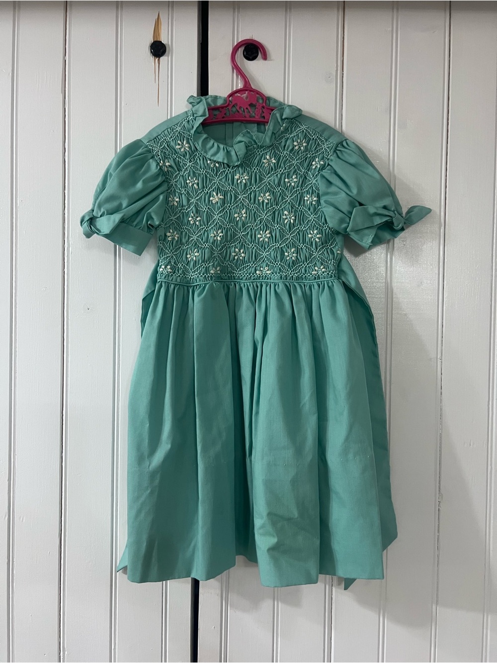 Vintage Smocked Puff-Sleeve Kids Dress in Mint